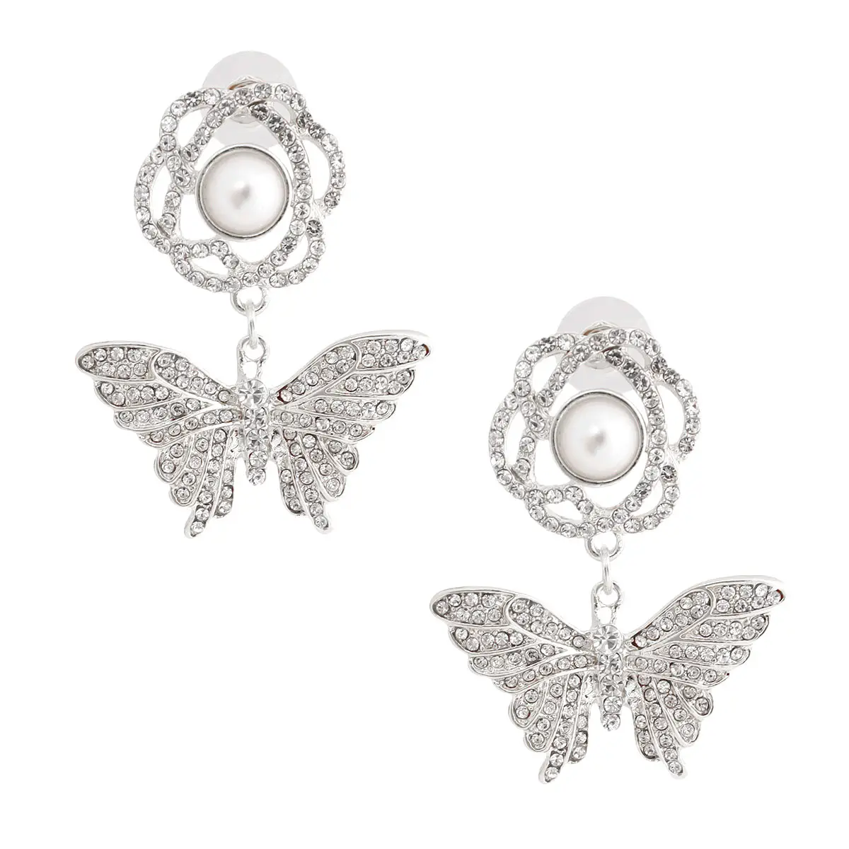Silver Rose Butterfly Rhinestone Earrings