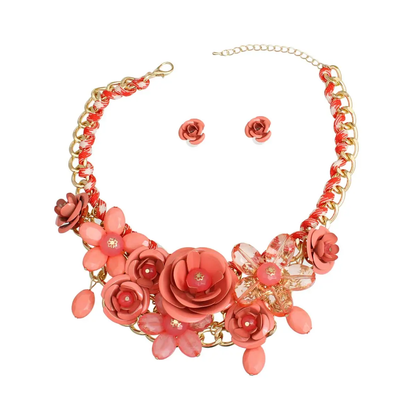Dark Coral Rose Collar Necklace Set